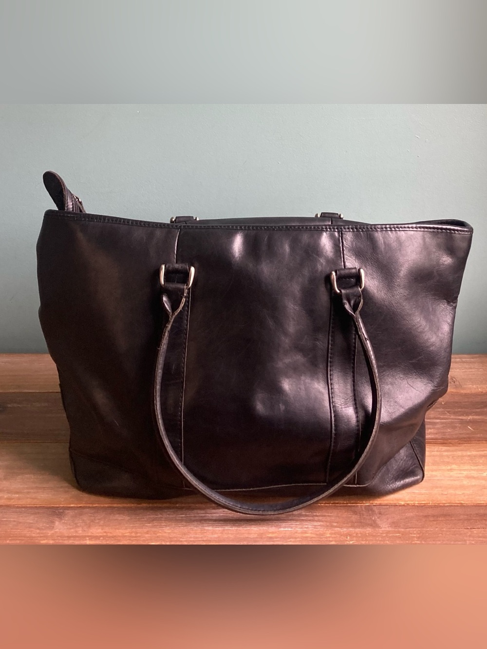 Vintage L.L. Bean Large Town & Field Leather Tote Bag Black - Picture 2 of 15